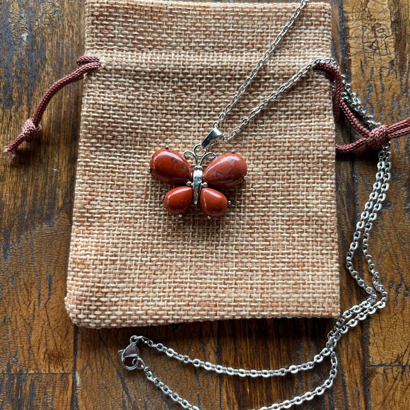 Hand Crafted Jewelry - Red Jasper Butterfly Necklace Butterfly Crystal Necklace Red Jasper Necklace